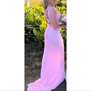 Glitz and Gowns, Light Pink Sequin One shoulder floor length prom dress